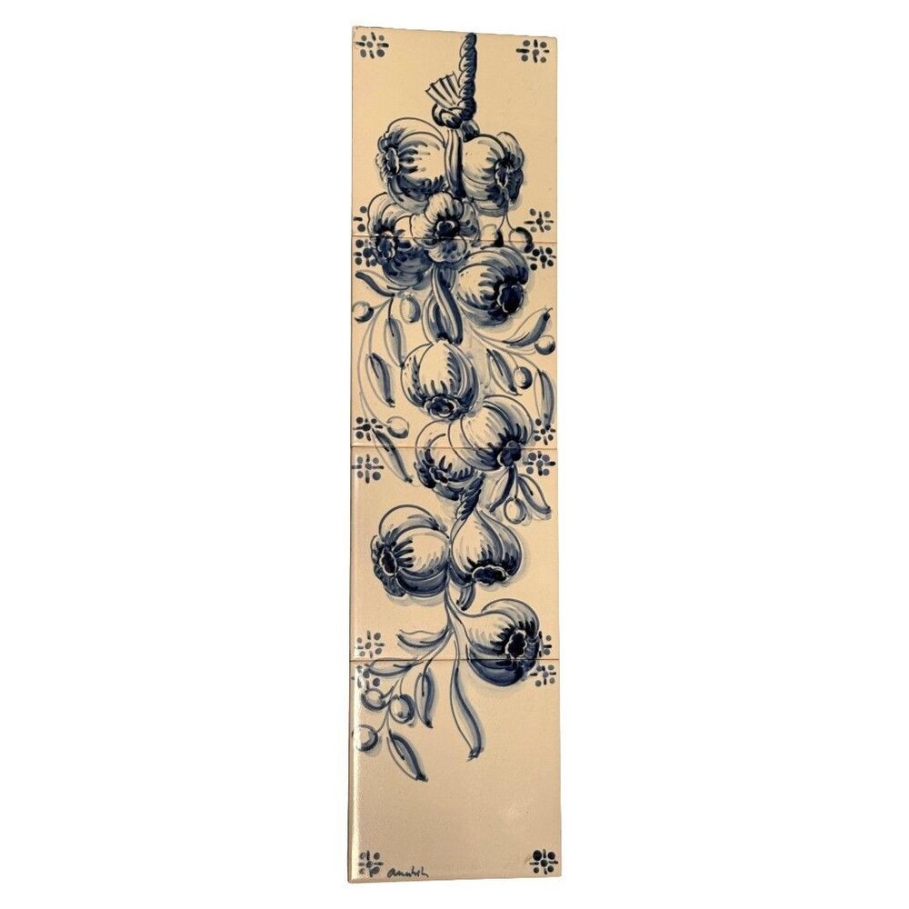 Portugal Azulejo Framed Ceramic Tile Blue White Garlic Floral Signed 5.5"x22"
